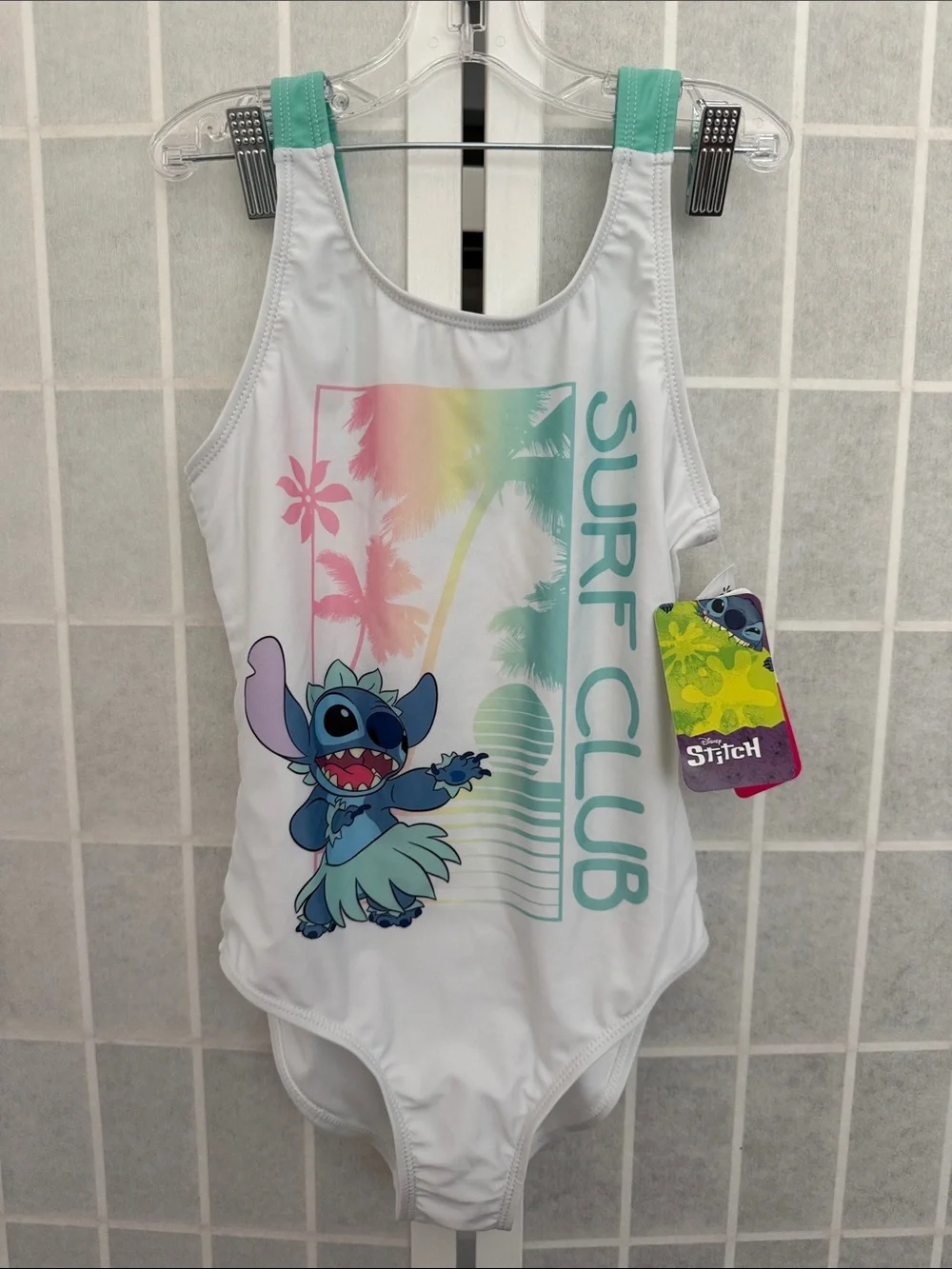Disney Stitch Surf Club' Girls White & Teal One-Piece Swimsuit Size 10/12 NWT